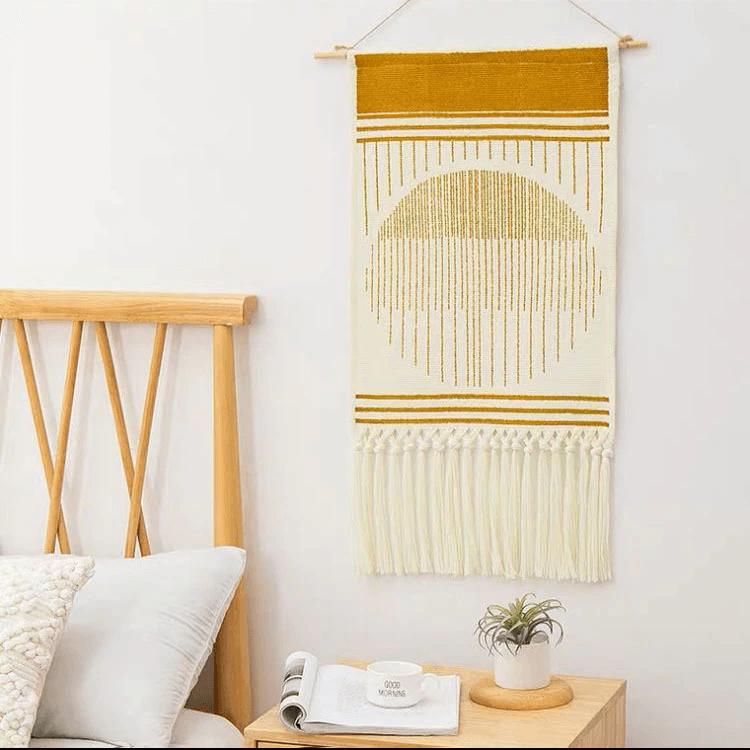 Tapiz de Pared Tejido con Estampado Geométrico y Borlas