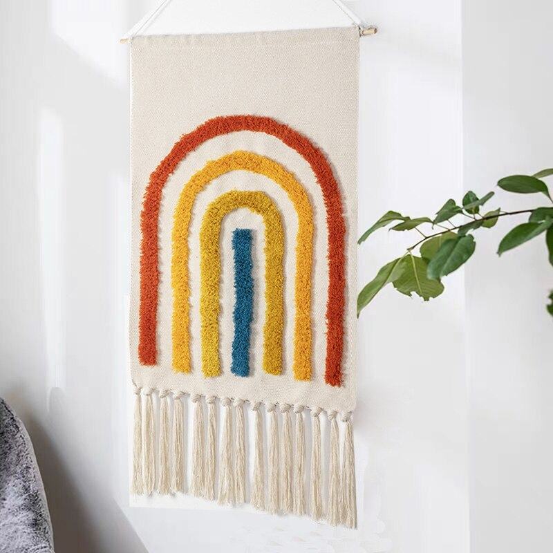 Tapiz de Pared Tejido con Estampado Geométrico y Borlas