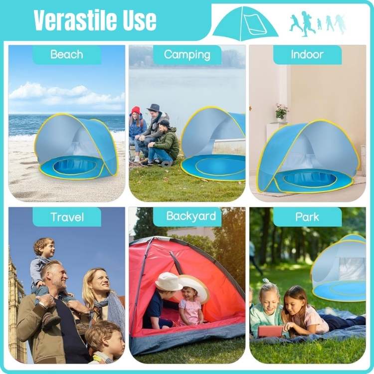 Tienda de campaña de playa pop-up para bebé con piscina integrada