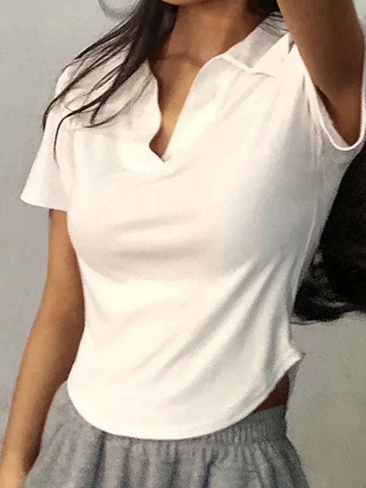 Top de manga corta para mujer con cuello en V