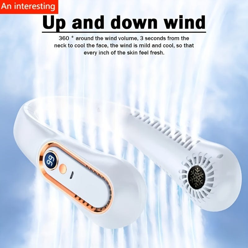 Ventilador de cuello portátil sin aspas con carga USB, 5 velocidades y pantalla digital – Enfriador potente con diseño sin hélice para exteriores