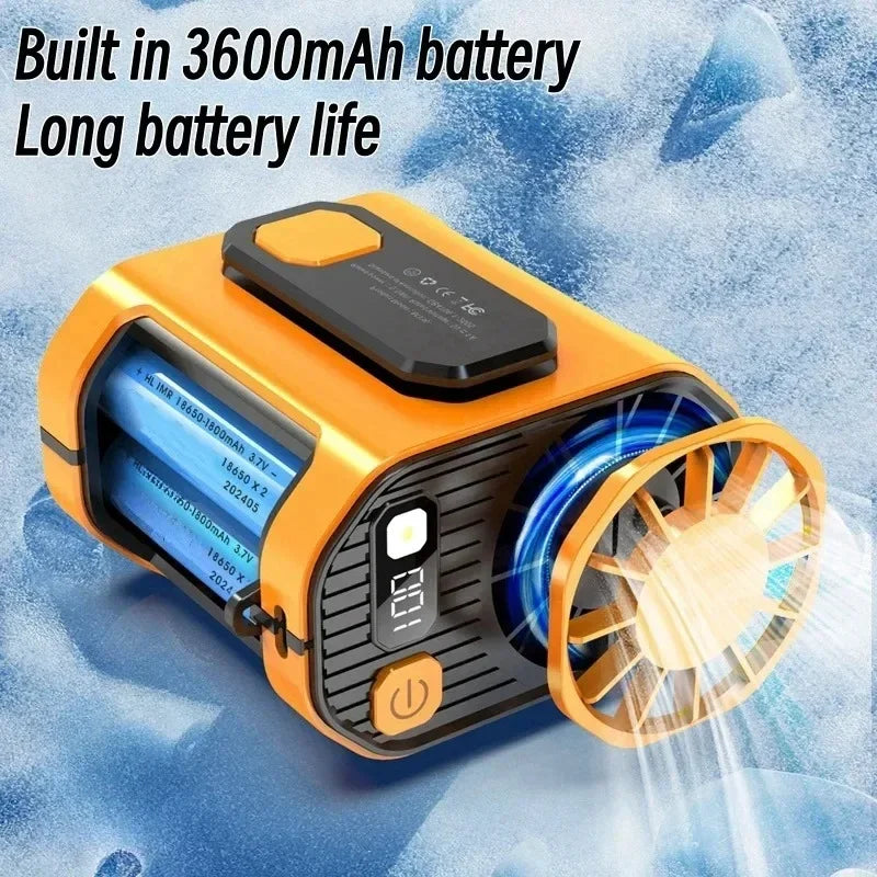Ventilador portátil de cintura y cuello de 3600 mAh con potente flujo de aire, batería externa y luz LED para trabajo y actividades al aire libre