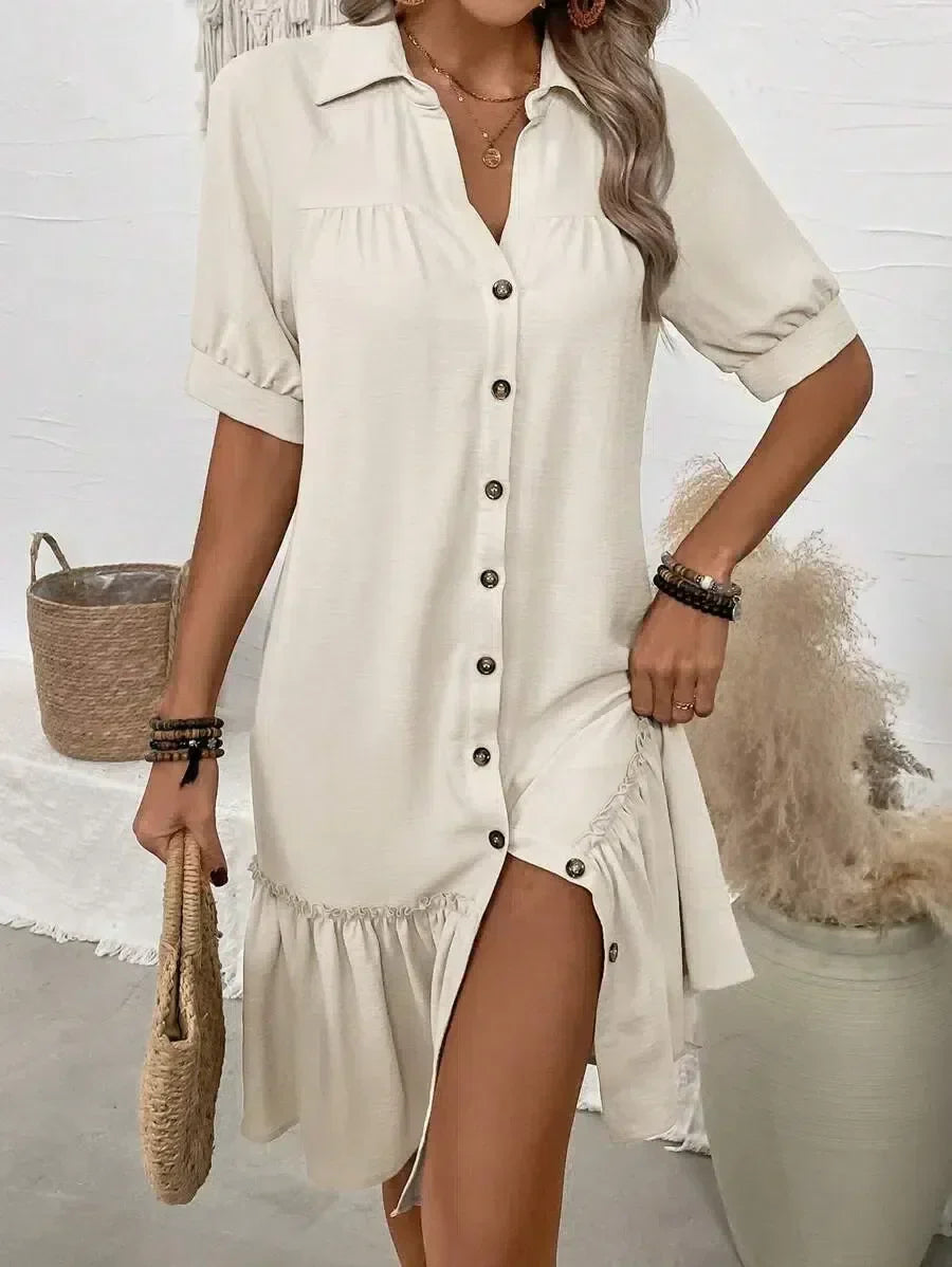 Vestido camisero elegante con volante en bajo para cualquier ocasión