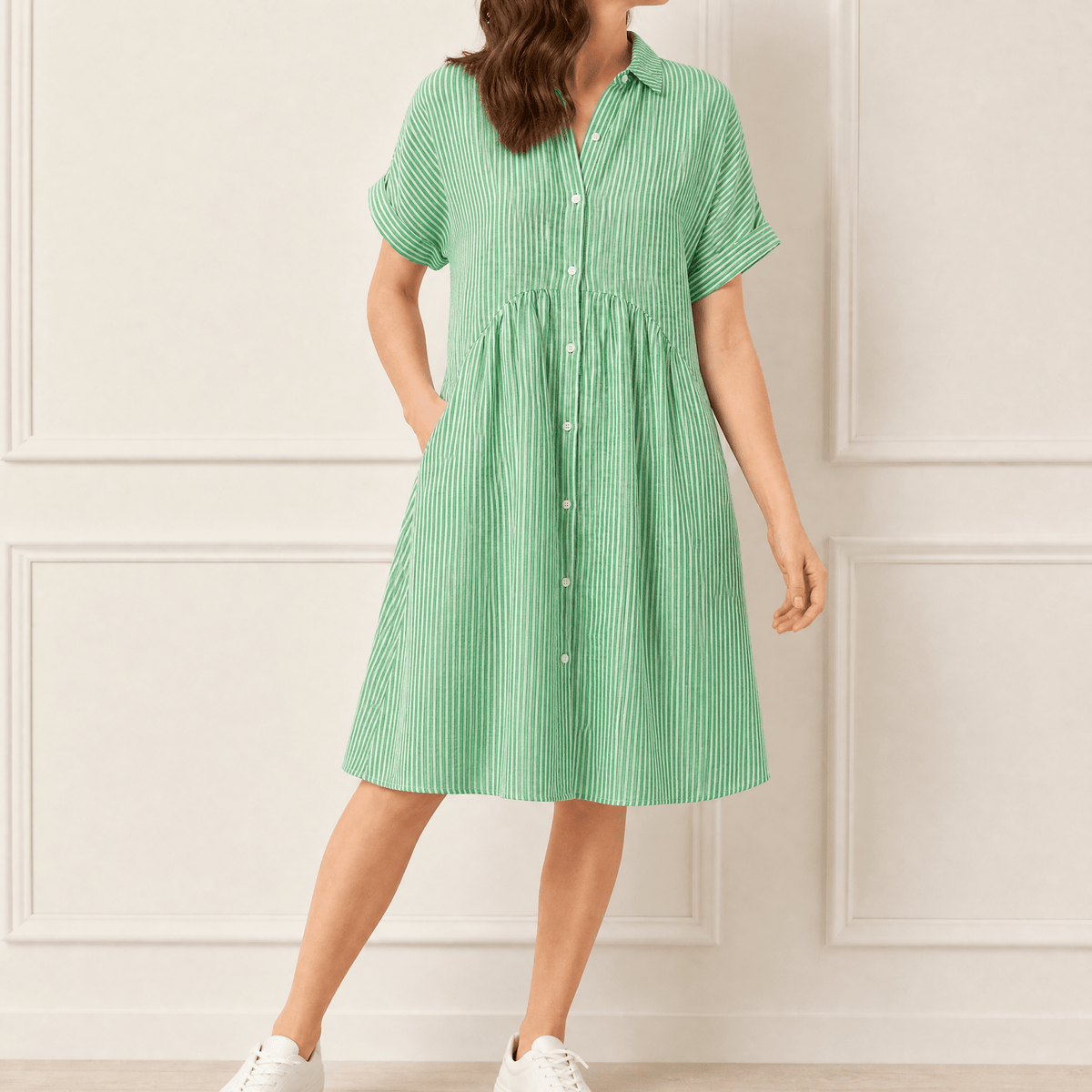 Vestido camisero midi a rayas con bolsillos