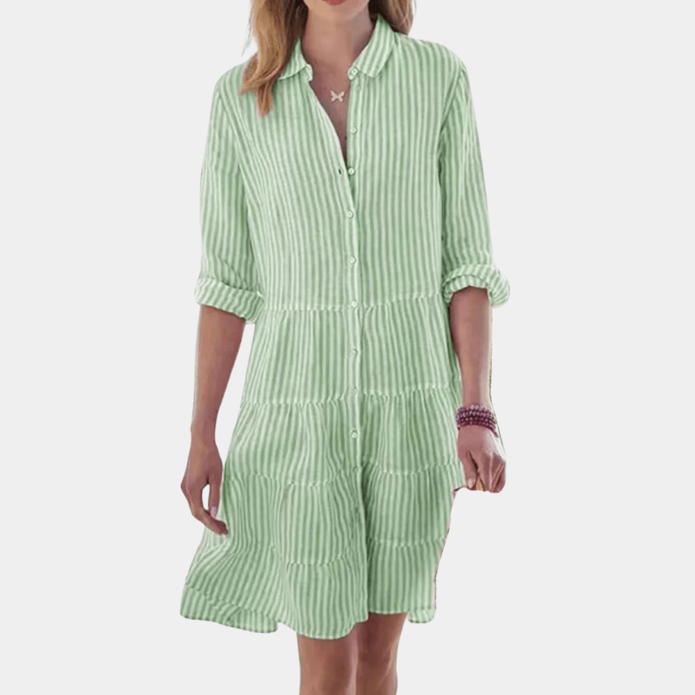 Vestido camisero mini a rayas con volantes escalonados