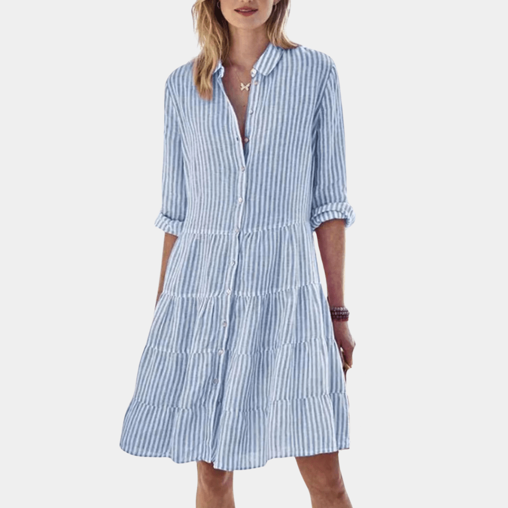 Vestido camisero mini a rayas con volantes escalonados