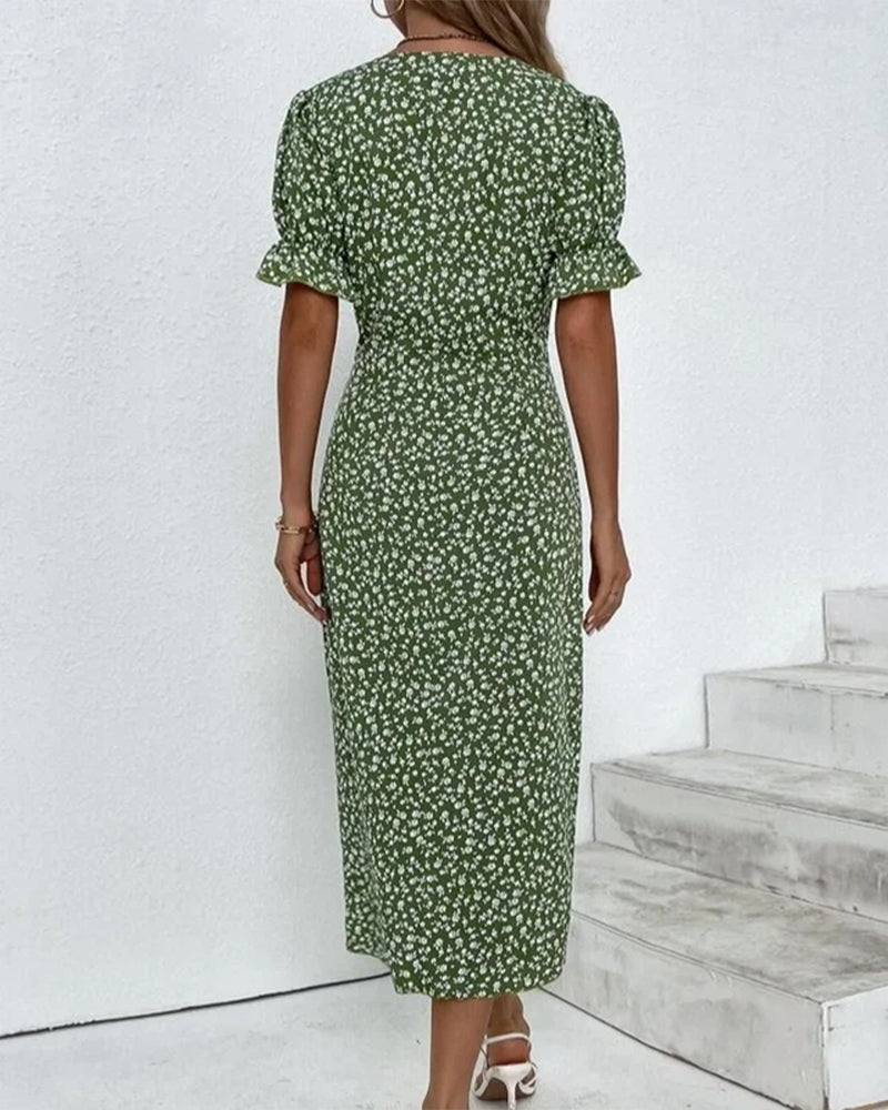 Vestido cruzado con cuello en V y estampado floral