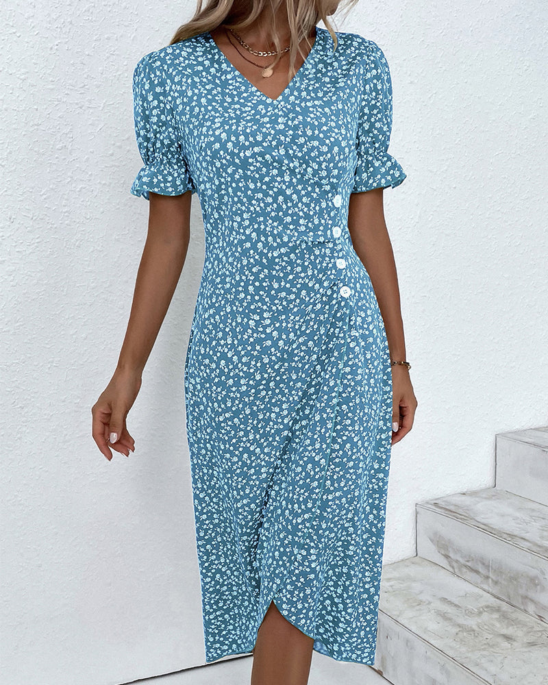 Vestido cruzado con cuello en V y estampado floral