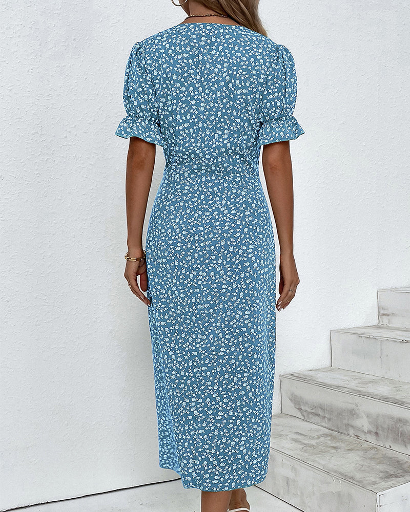 Vestido cruzado con cuello en V y estampado floral