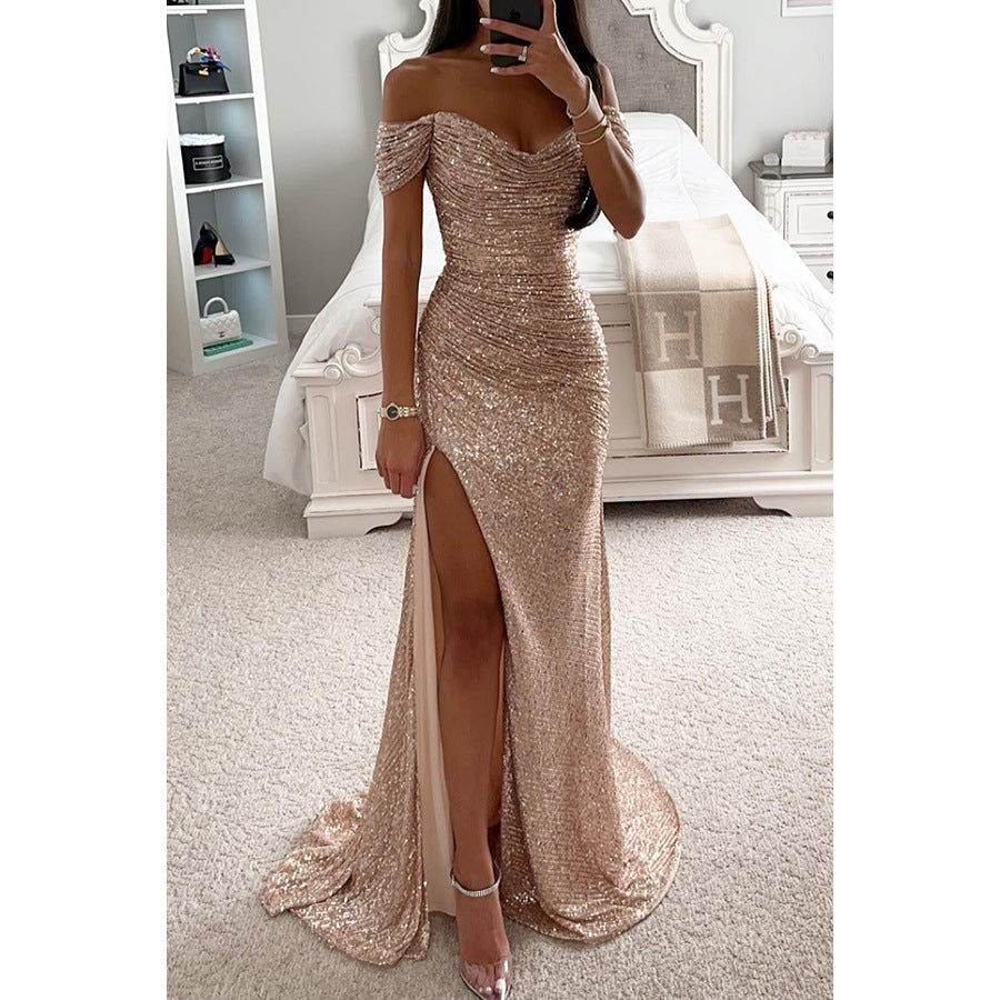 Vestido de noche largo con lentejuelas, hombros descubiertos y abertura lateral para bodas y fiestas