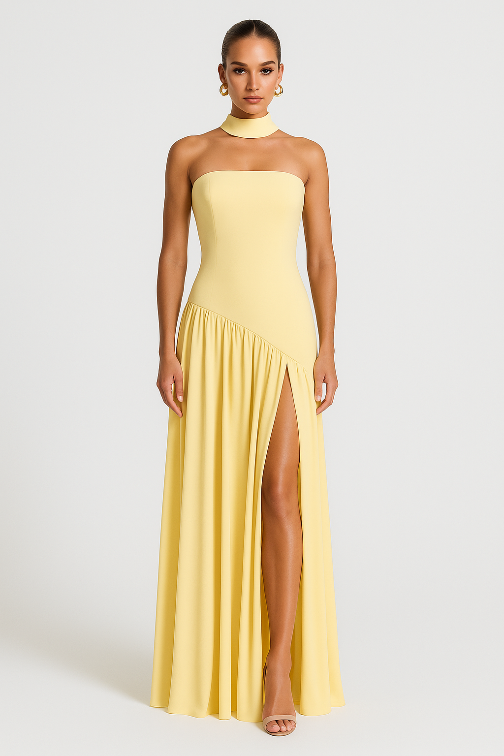 Vestido Elegante sin Tirantes con Abertura Alta