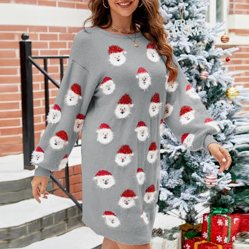 Vestido jersey de punto grueso para mujer con cuello alto y estampado navideño para invierno