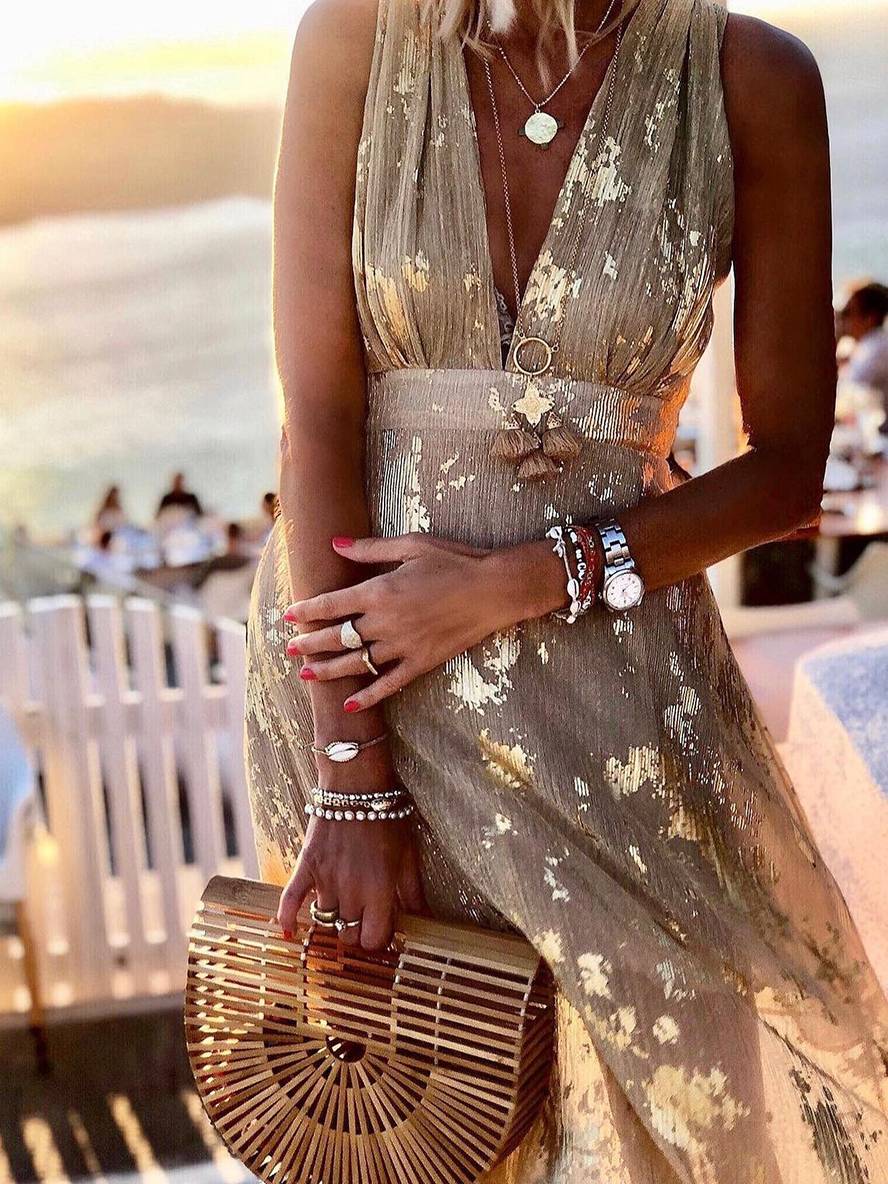 Vestido largo de noche elegante para playa sin mangas con escote en V y lentejuelas brillantes en color bronce