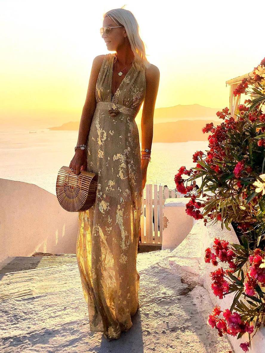 Vestido largo de noche elegante para playa sin mangas con escote en V y lentejuelas brillantes en color bronce
