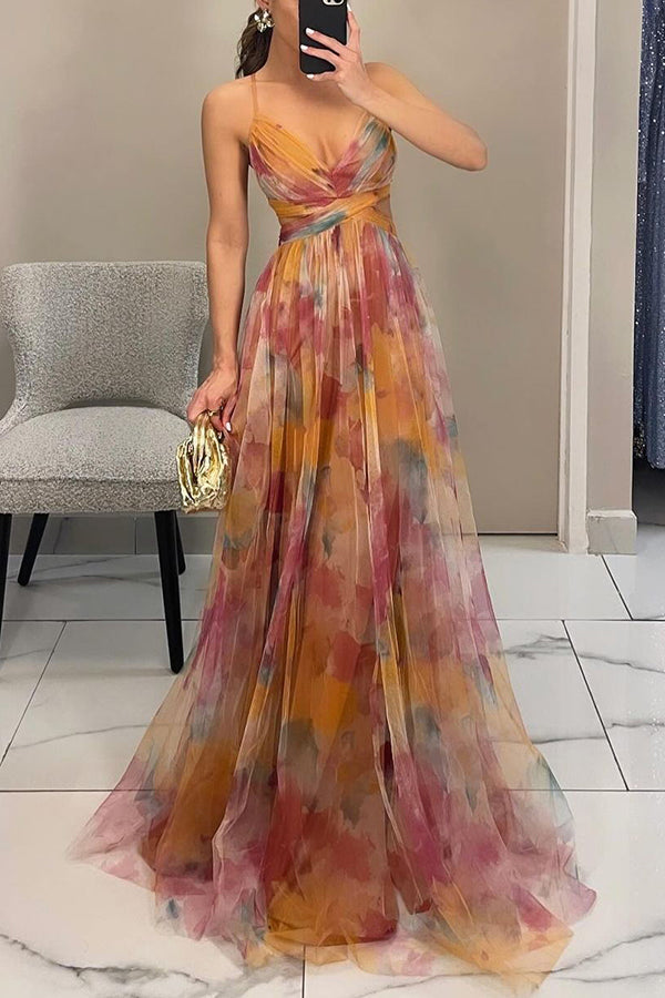 Vestido Largo Escote en Pico Tirantes Finos Corte Evasé