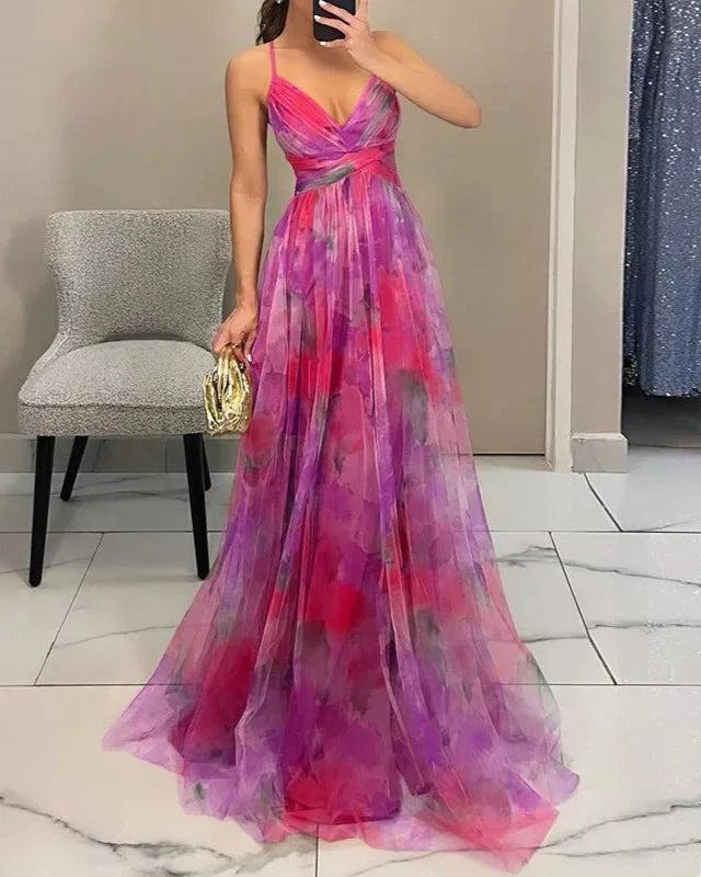 Vestido Largo Escote en Pico Tirantes Finos Corte Evasé