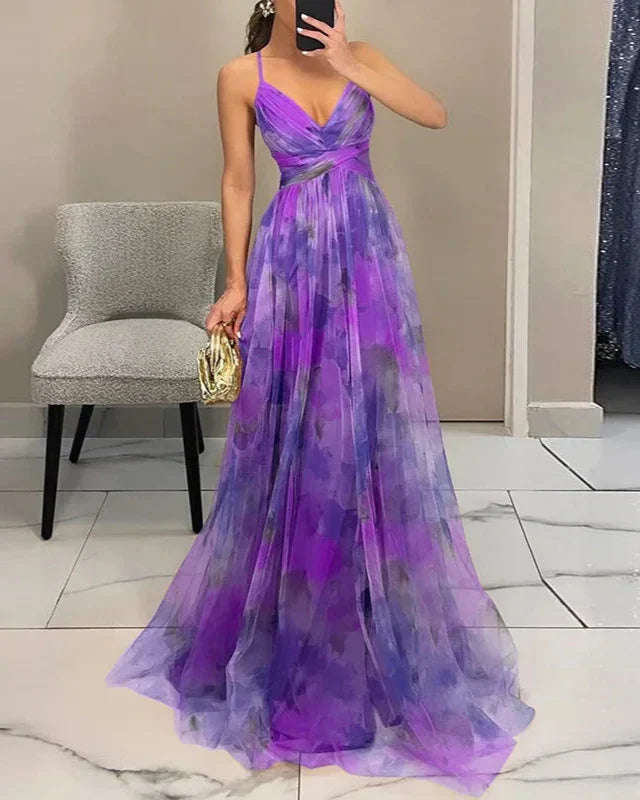 Vestido Largo Escote en Pico Tirantes Finos Corte Evasé