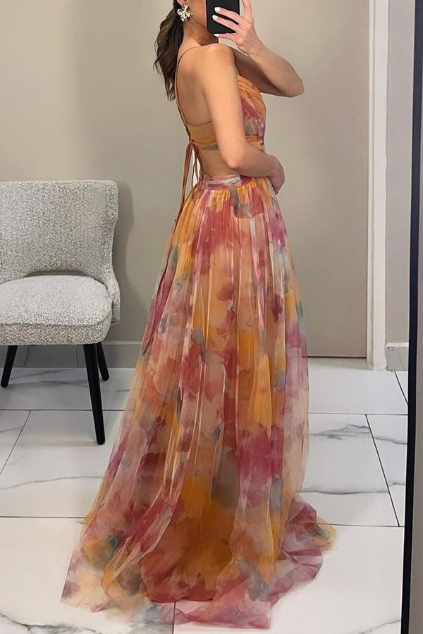 Vestido Largo Escote en Pico Tirantes Finos Corte Evasé