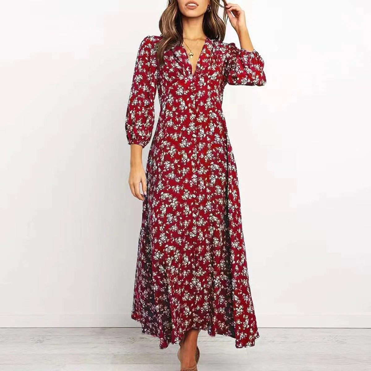 Vestido largo maxi con estampado floral y manga larga