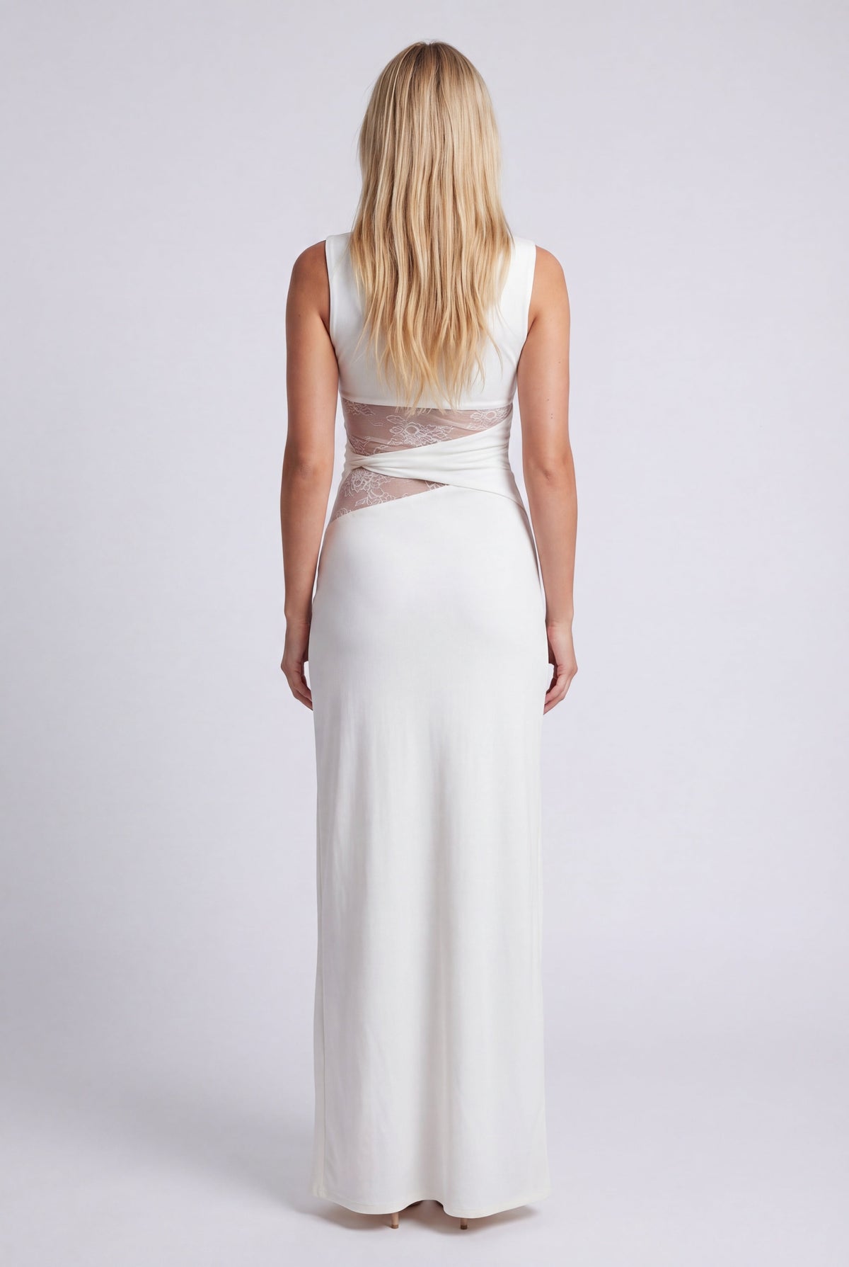 Vestido largo para mujer con cuello redondo y detalle de encaje en la cintura