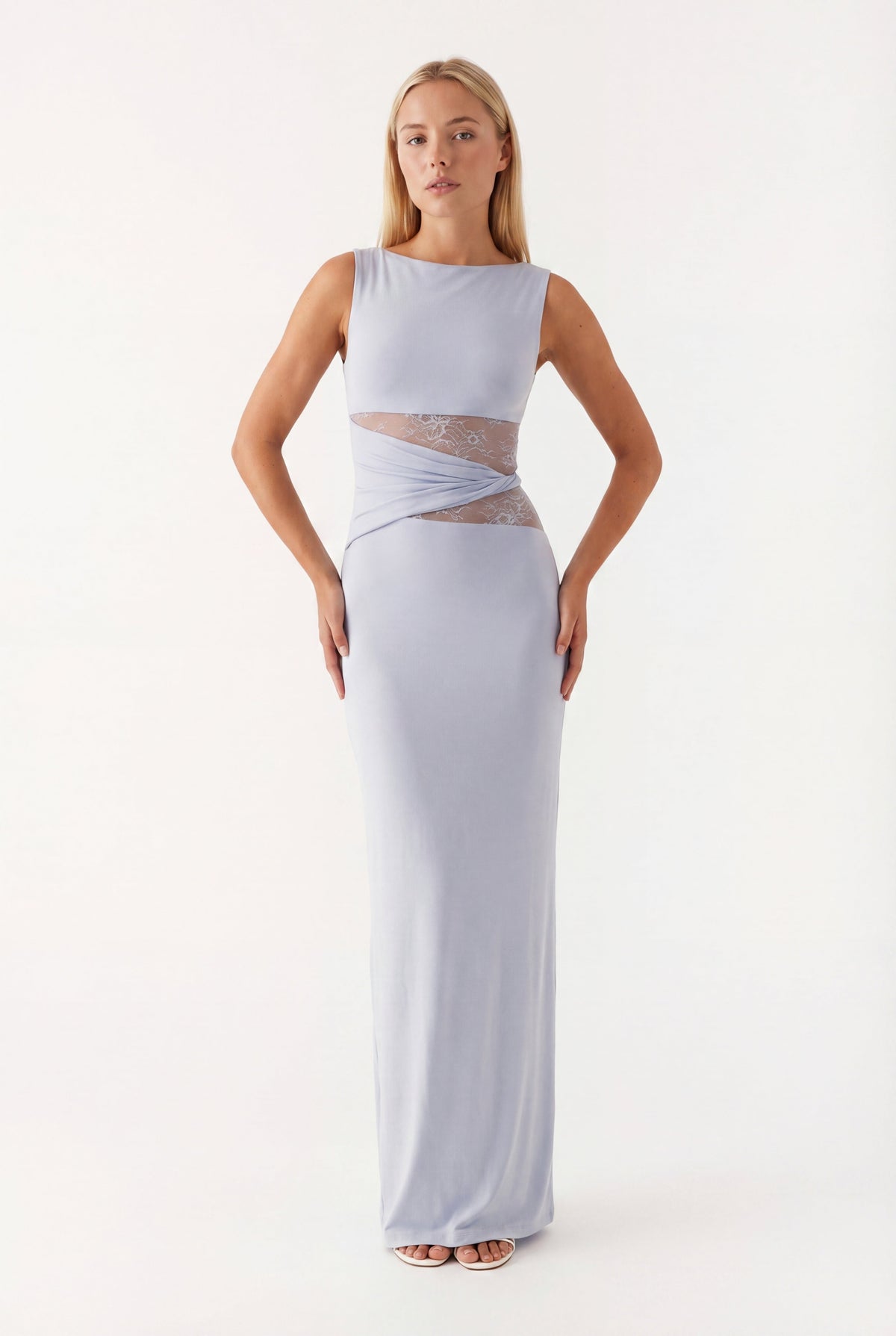 Vestido largo para mujer con cuello redondo y detalle de encaje en la cintura
