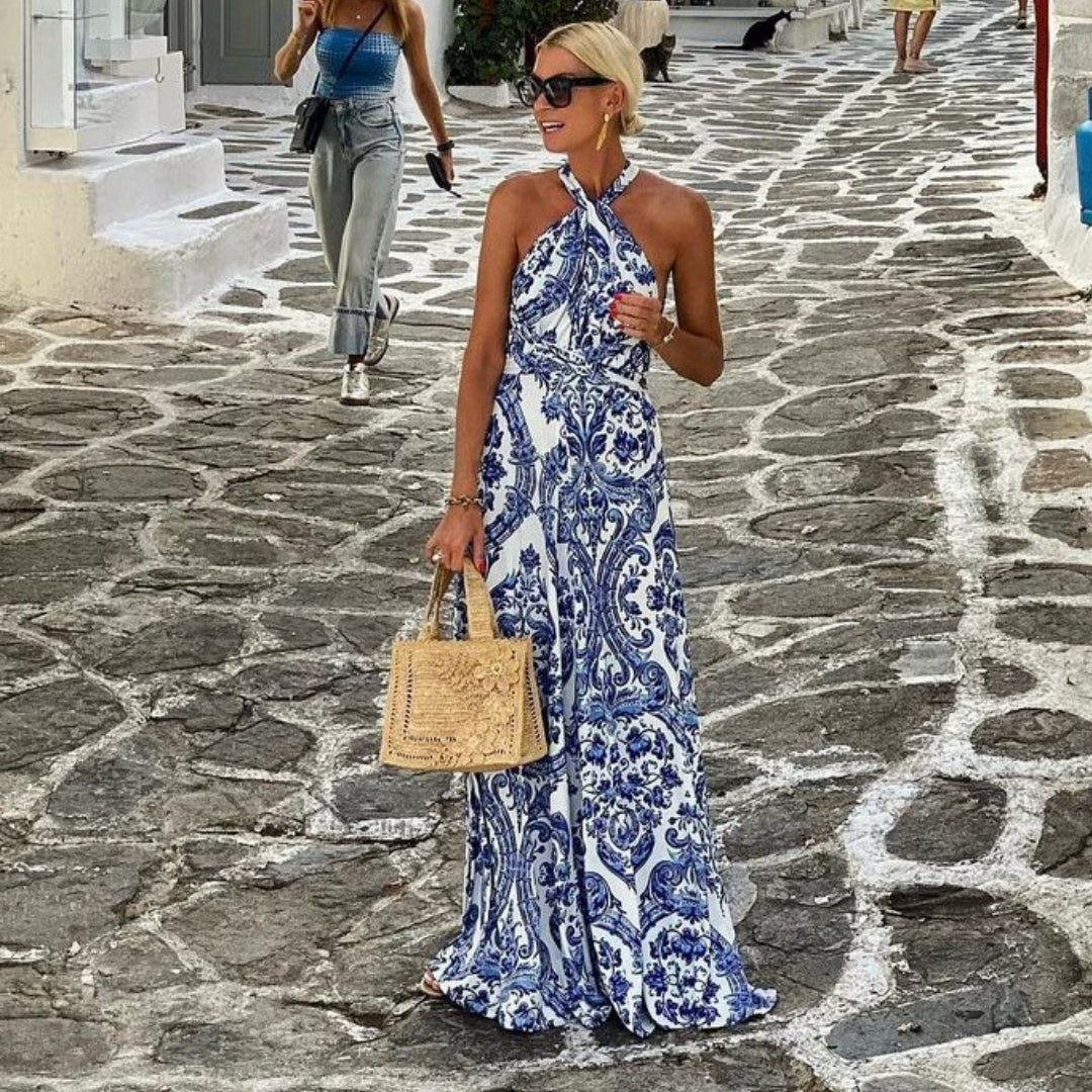 Vestido largo sin mangas con cuello halter para mujer