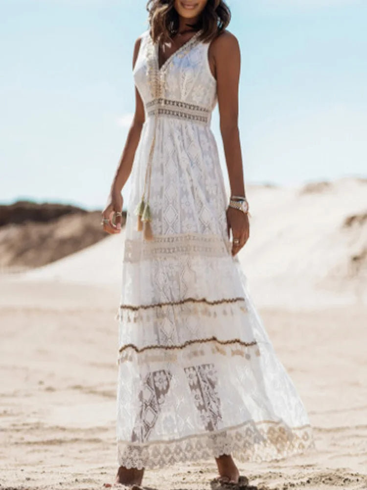 Vestido maxi bohemio elegante con mangas campana