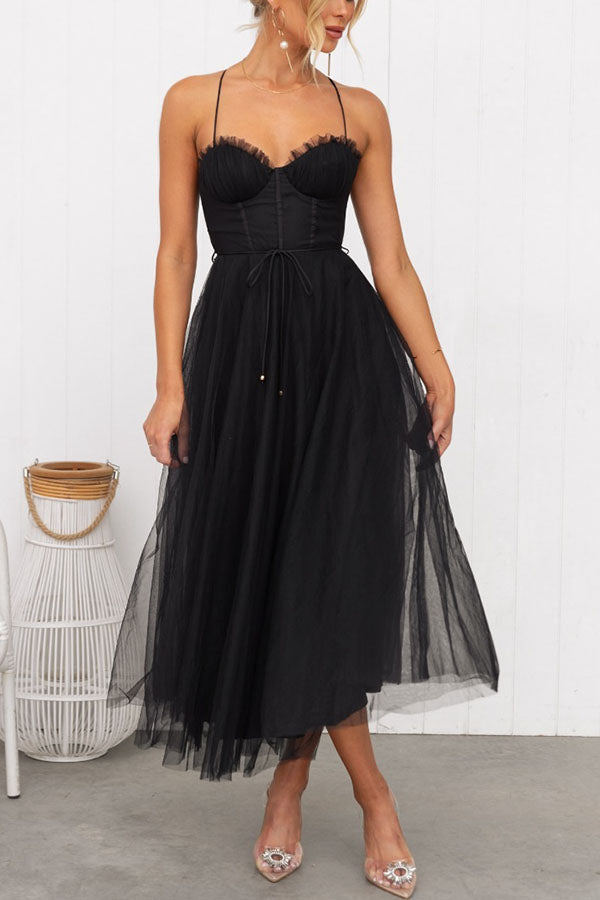Vestido maxi de gasa fluido sin mangas con escote en V para mujer