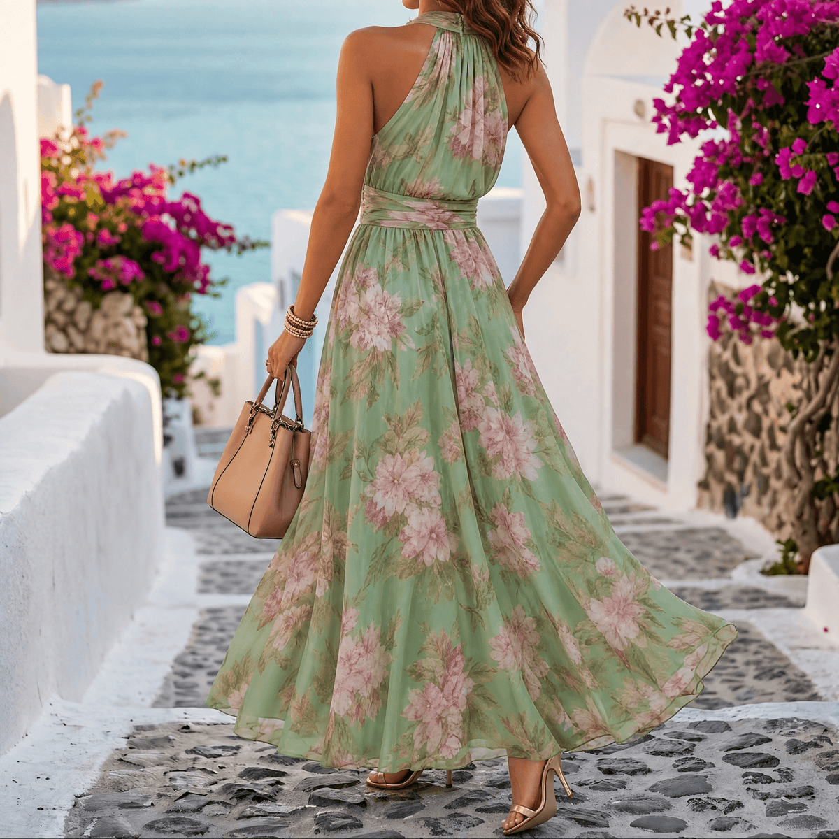 Vestido maxi de verano vaporoso con estampado floral para mujer en verde salvia