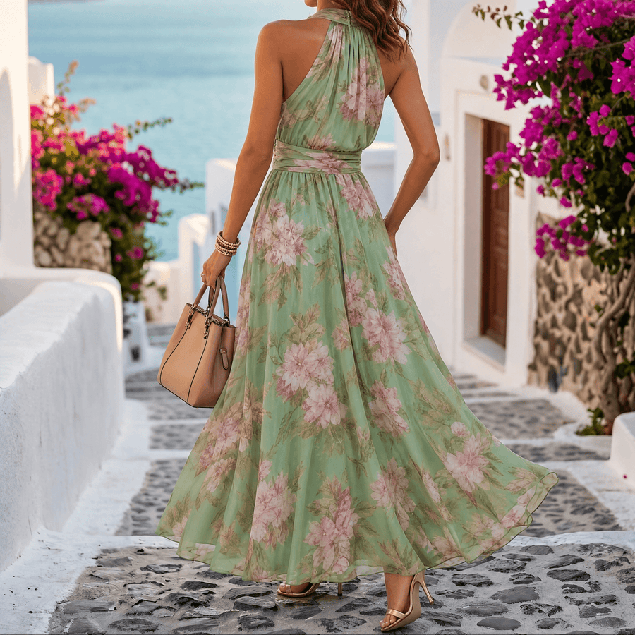 Vestido maxi de verano vaporoso con estampado floral para mujer en verde salvia