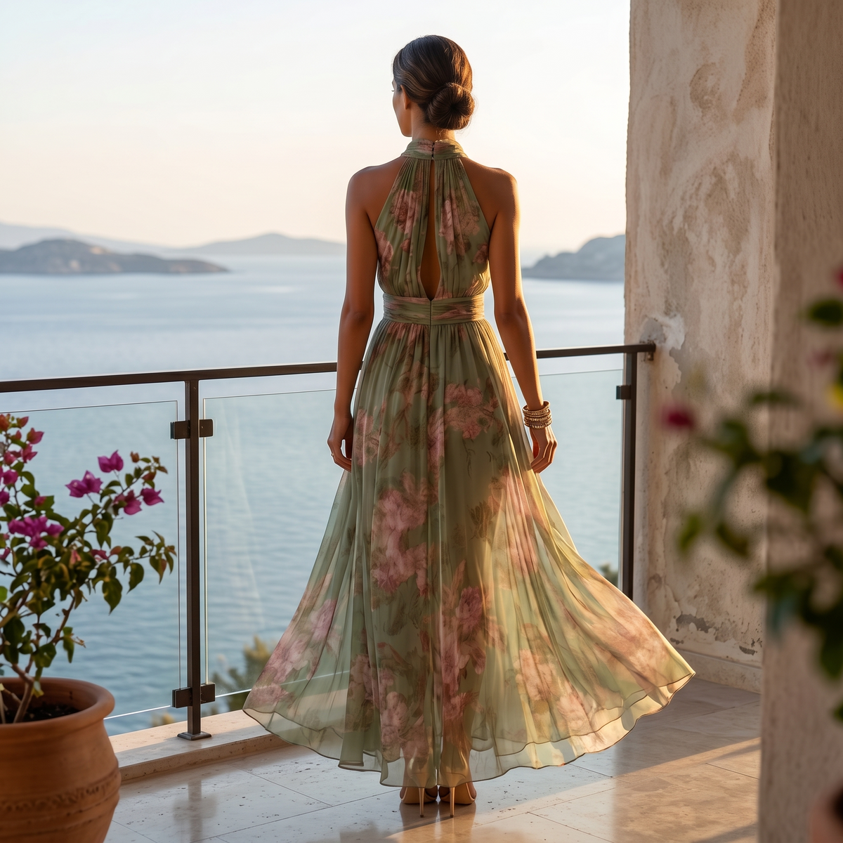 Vestido maxi de verano vaporoso con estampado floral para mujer en verde salvia