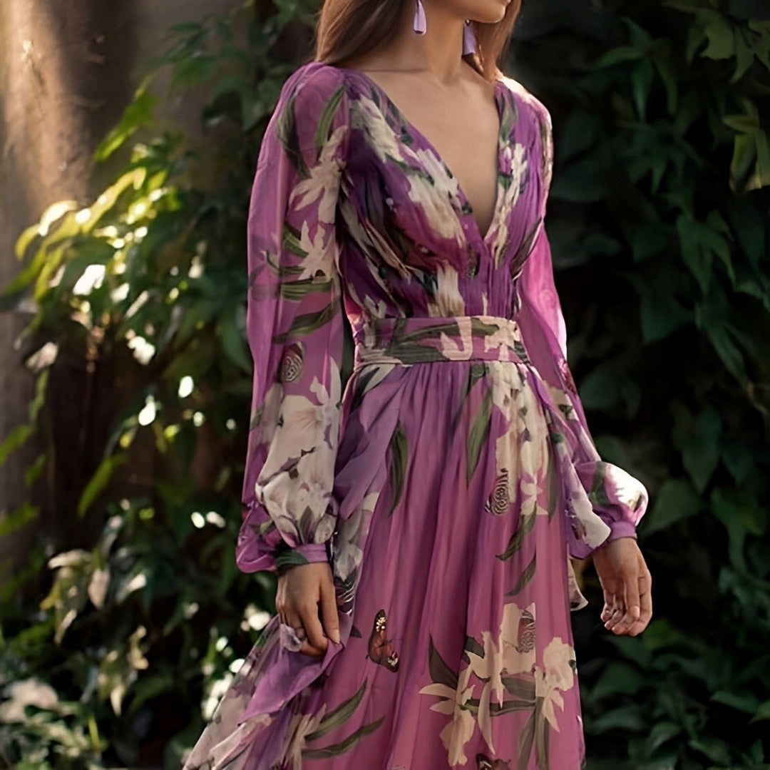 Vestido maxi para mujer con estampado floral y escote en V