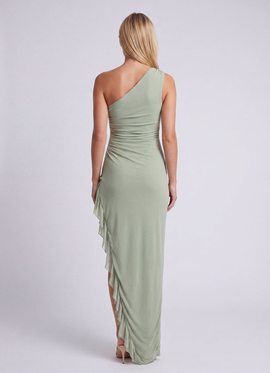 Vestido maxi para mujer de un solo hombro | Verde salvia con volantes | Corte asimétrico ajustado