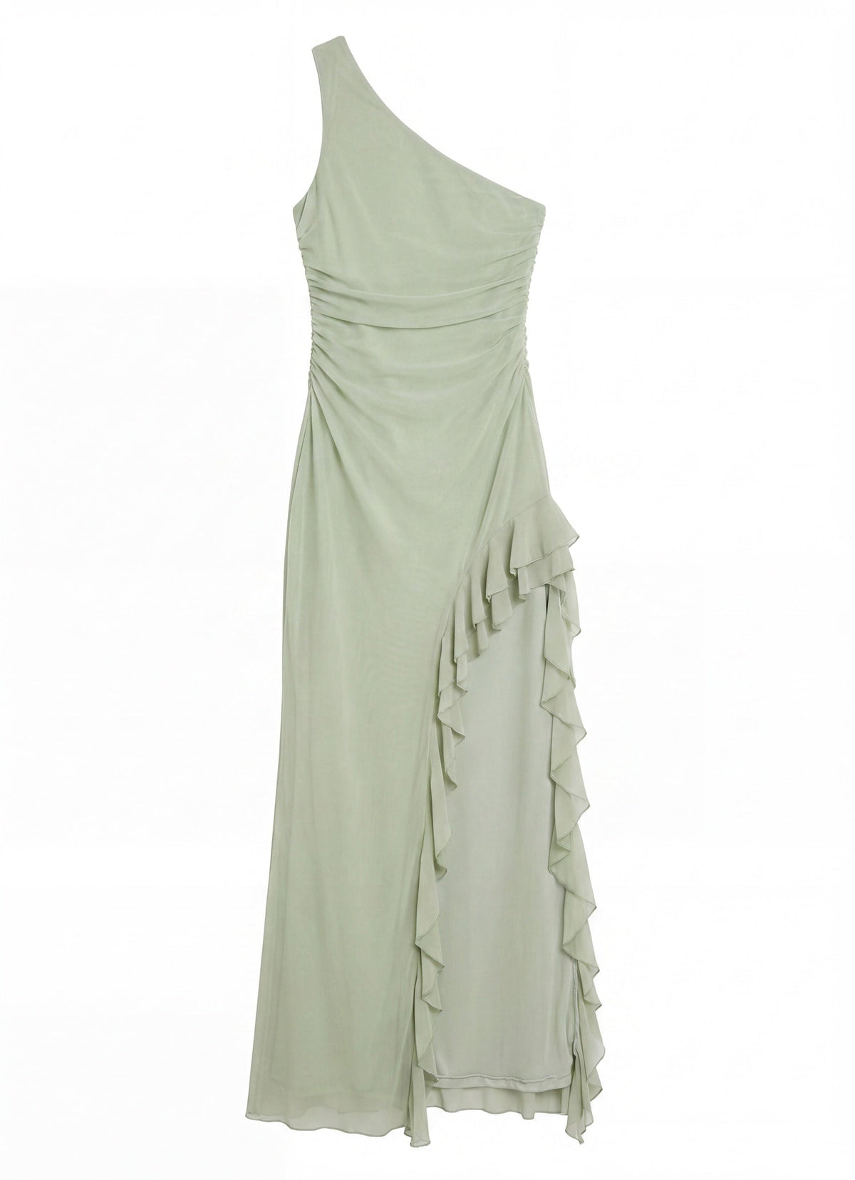 Vestido maxi para mujer de un solo hombro | Verde salvia con volantes | Corte asimétrico ajustado