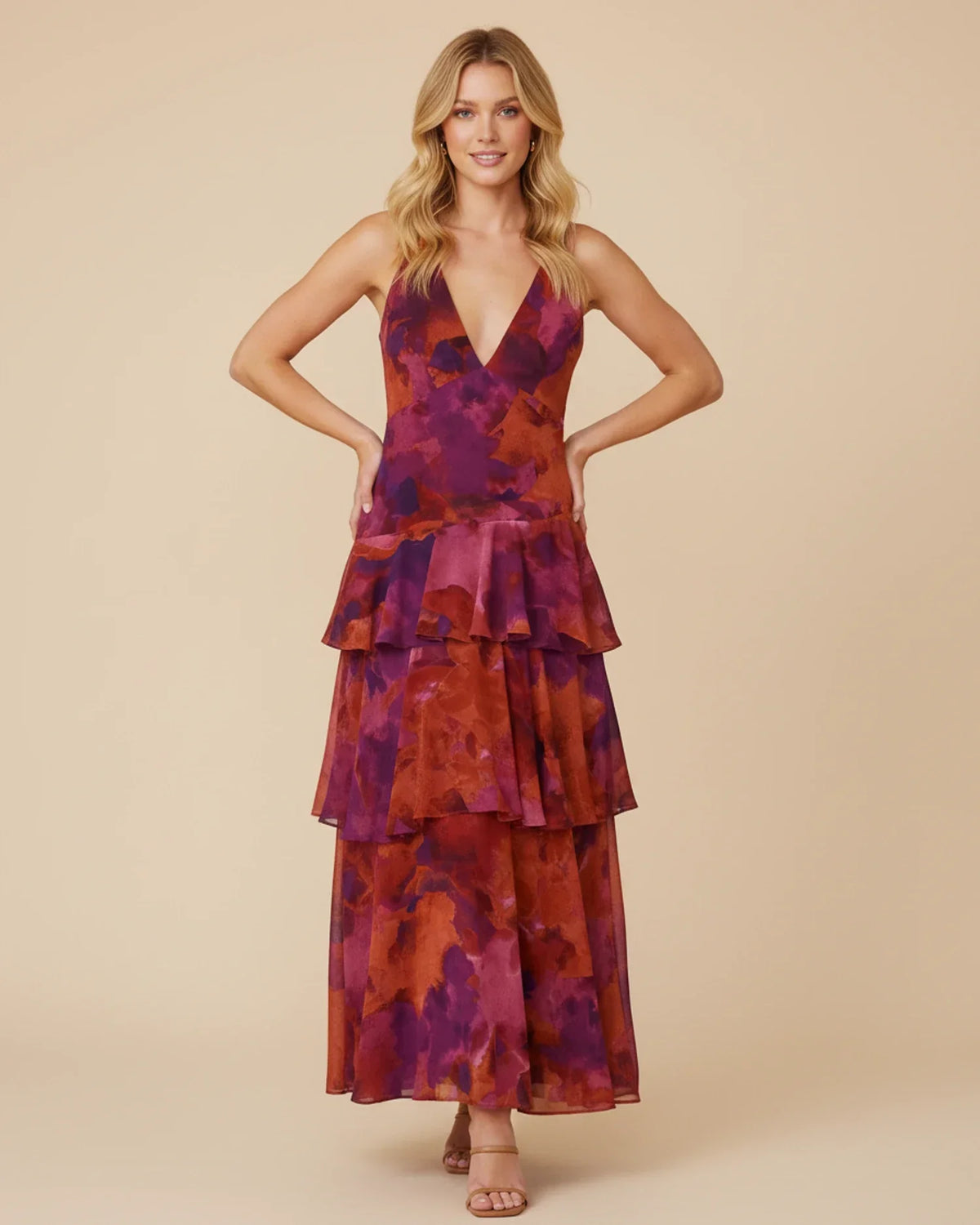 Vestido maxi para mujer sin mangas a capas con estampado floral