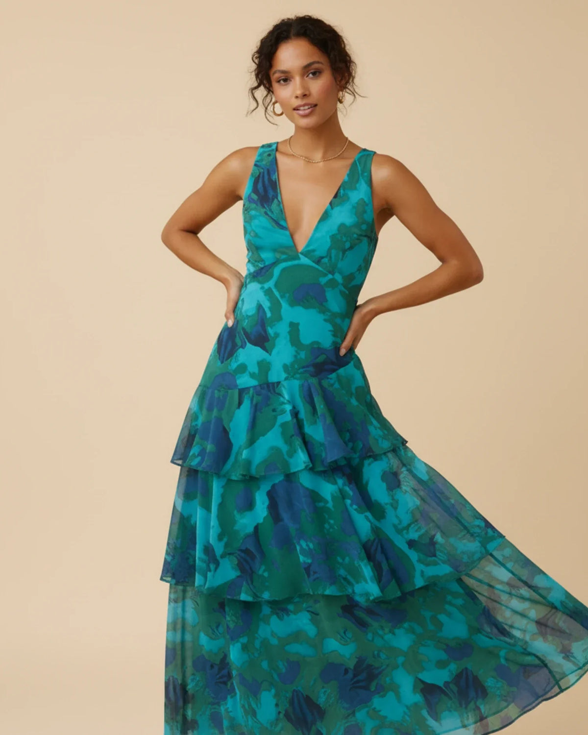 Vestido maxi para mujer sin mangas a capas con estampado floral