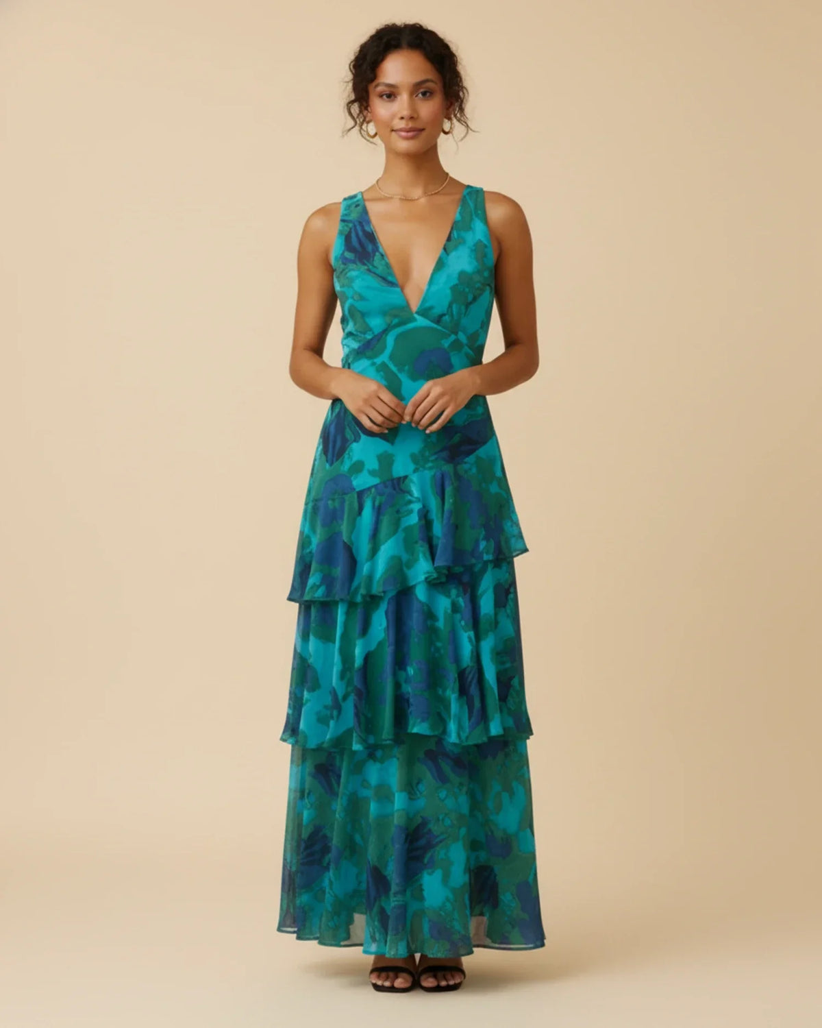 Vestido maxi para mujer sin mangas a capas con estampado floral