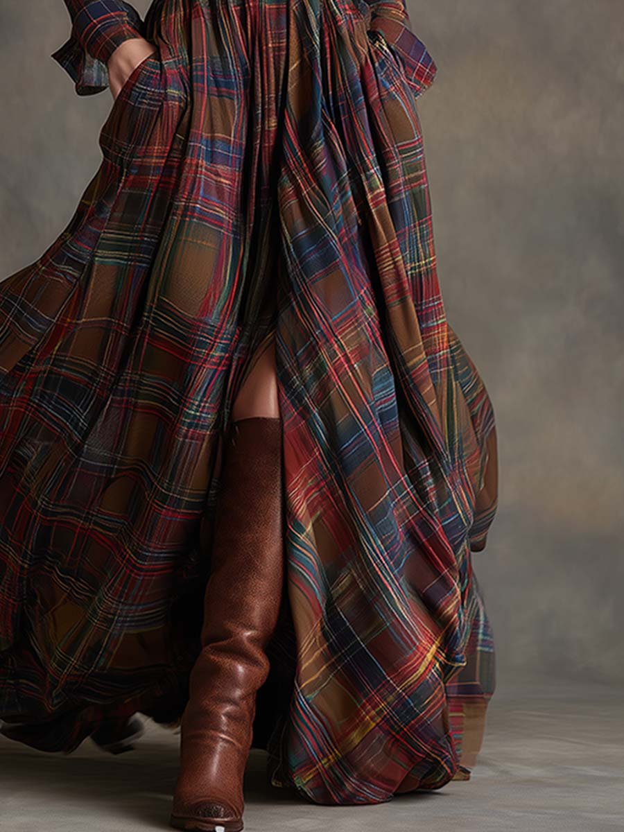 Vestido maxilargo a cuadros para mujer con botones