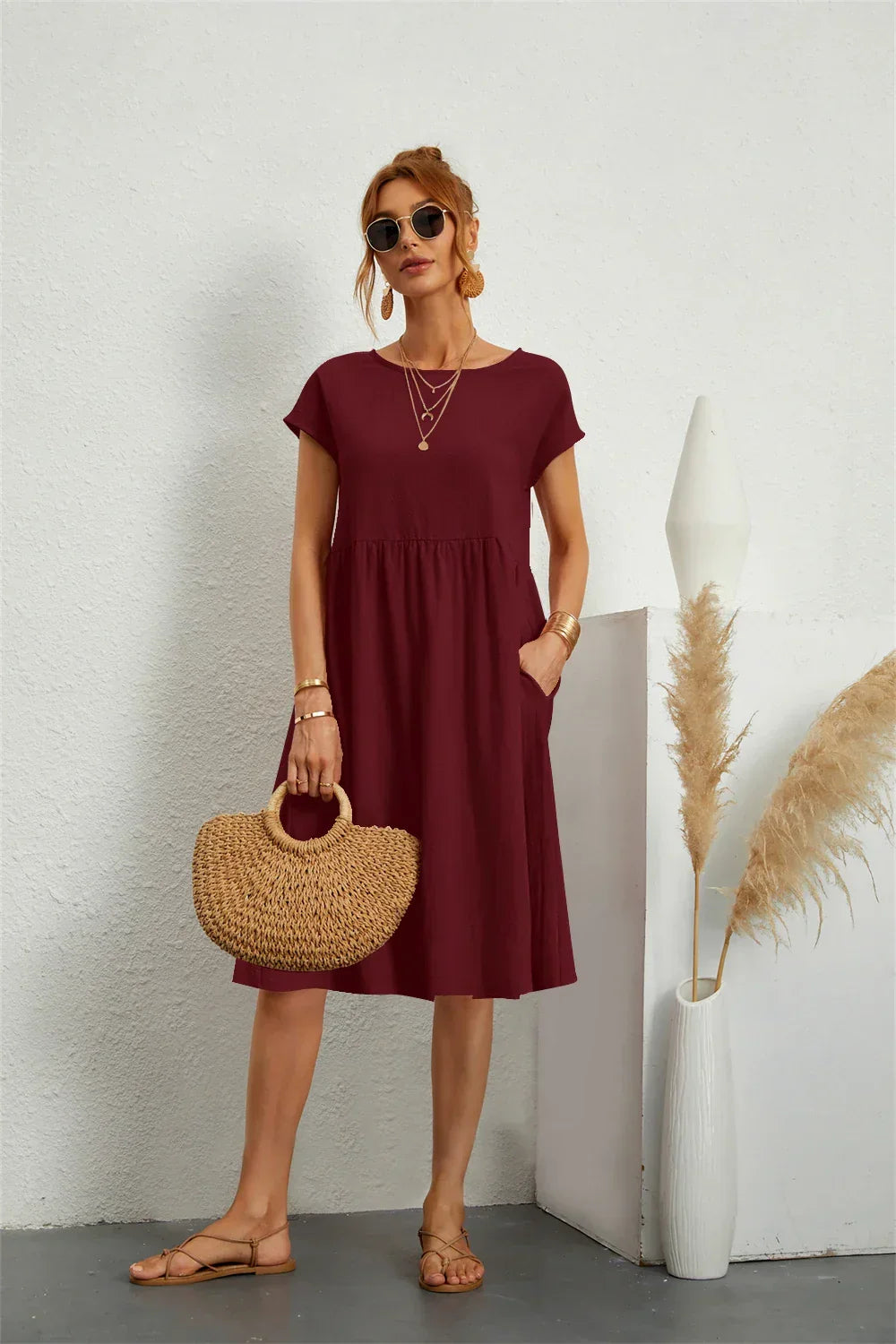 Vestido midi casual con corte en A para mujer