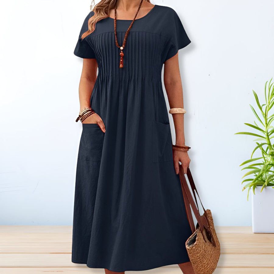 Vestido midi corte A con manga corta para mujer