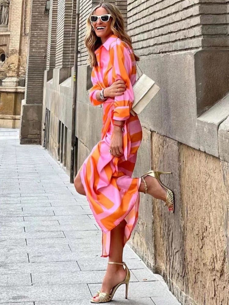 Vestido midi cruzado a rayas para mujer