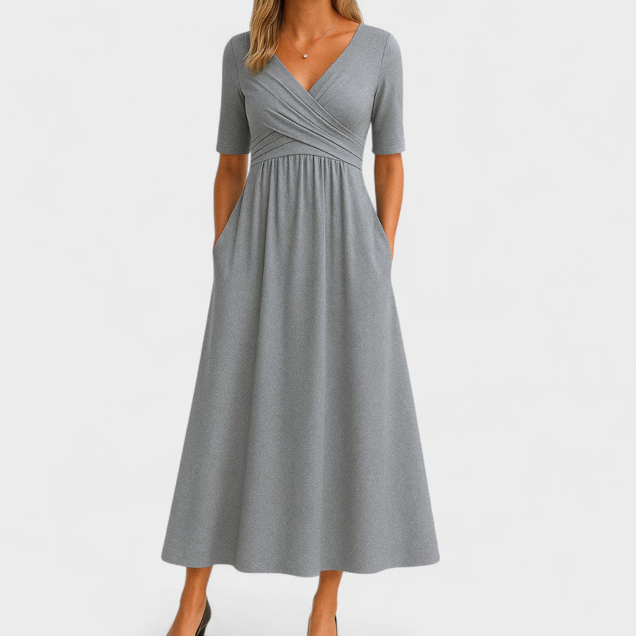 Vestido midi de corte en A con cuello en V para mujer