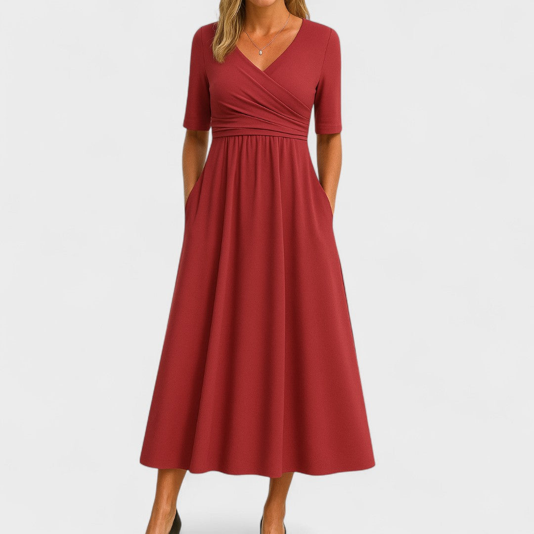 Vestido midi de corte en A con cuello en V para mujer