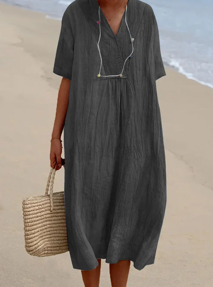 Vestido midi de corte evasé con cuello en V para mujer