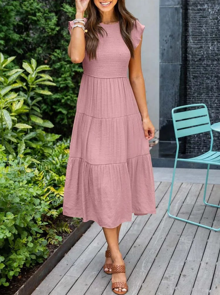 Vestido midi de corte evasé con cuerpo fruncido para mujer