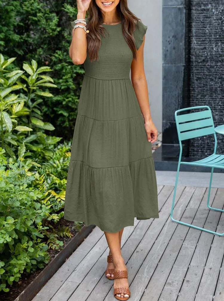 Vestido midi de corte evasé con cuerpo fruncido para mujer