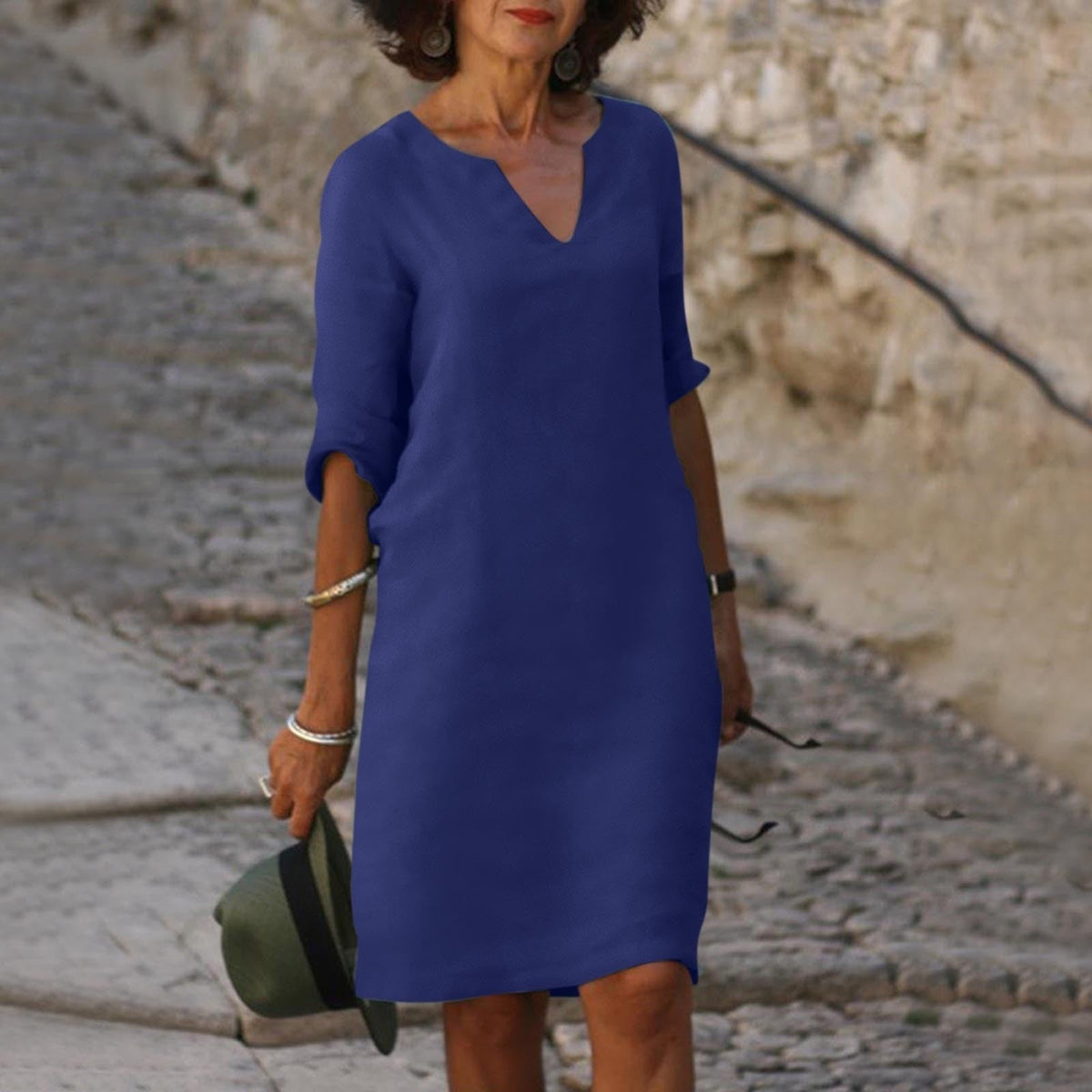 Vestido midi de corte recto para mujer con manga 3/4