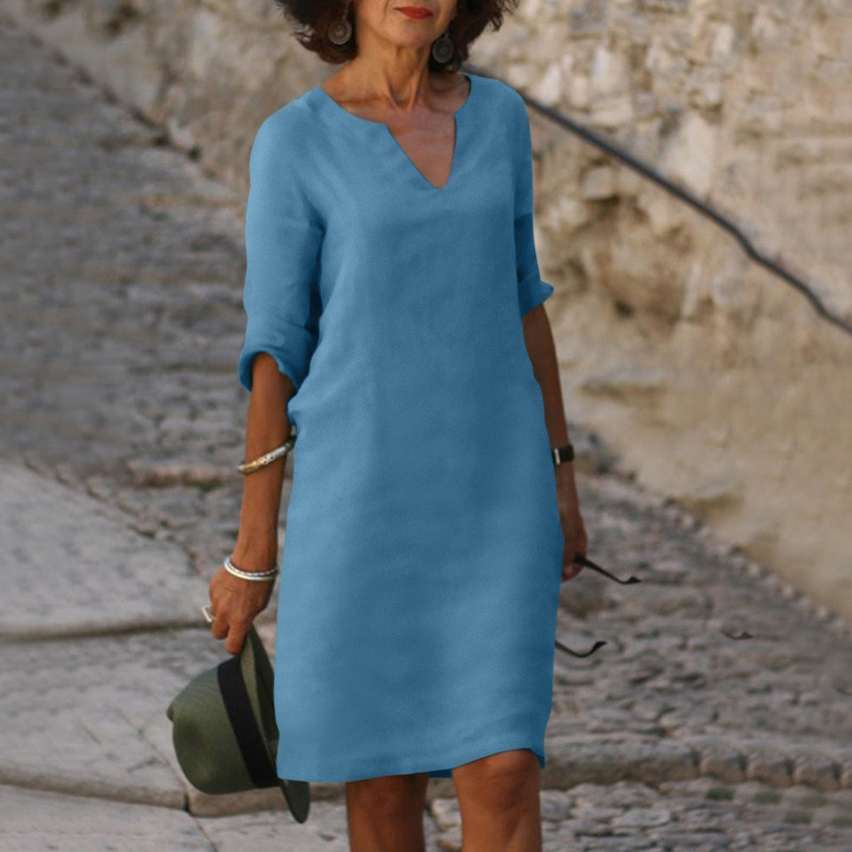 Vestido midi de corte recto para mujer con manga 3/4