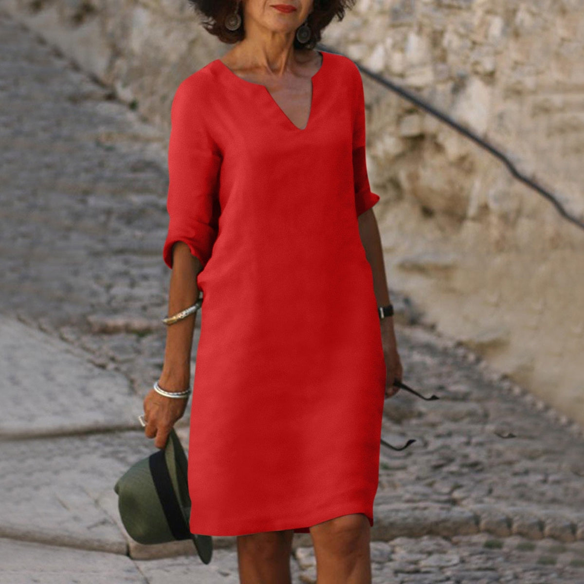 Vestido midi de corte recto para mujer con manga 3/4