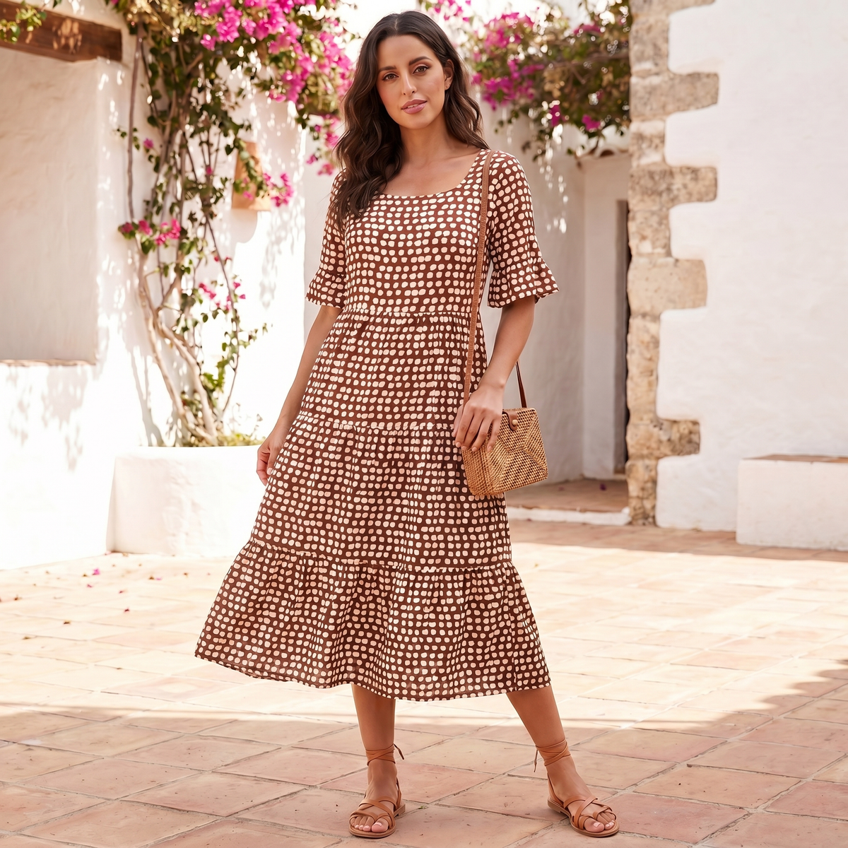 Vestido Midi de Mujer con Volantes | Vestido de Verano Ligero de Corte Holgado